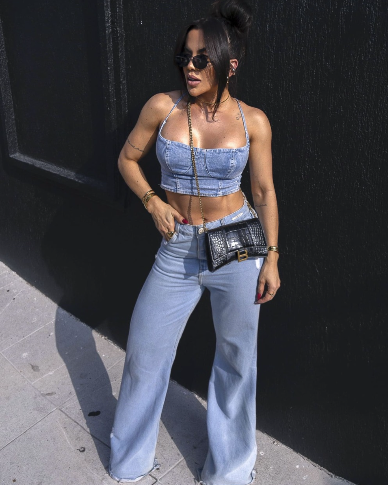 Top jeans alça + elastik